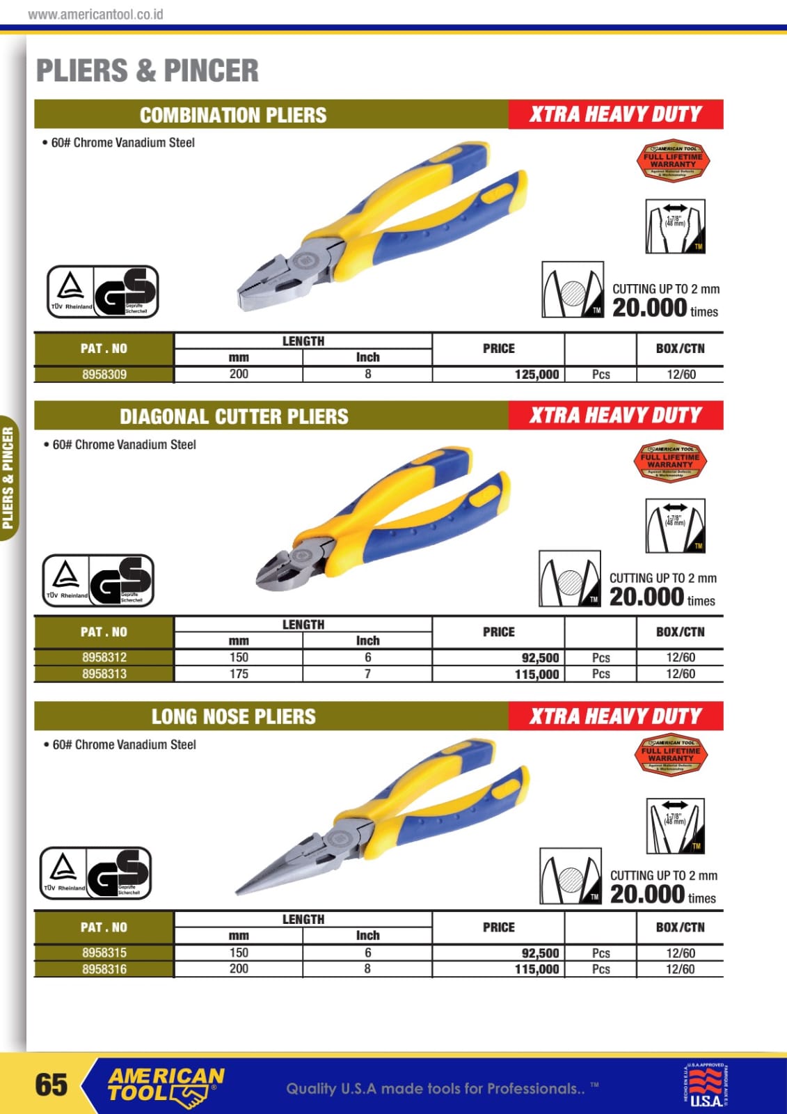 AMERICANTOOLS COMBINATION PLIER, DIAGONAL CUTTER, LOCKING PLIER , CARPENTER, AVIANTION SNIP AND HAND RIVETED - Gambar 10